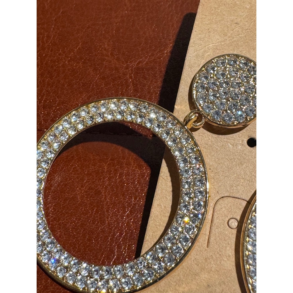 Plunder Design Gold Tone Rhinestone Pave Double Hoop Circle Drop Earrings New - Picture 2 of 2